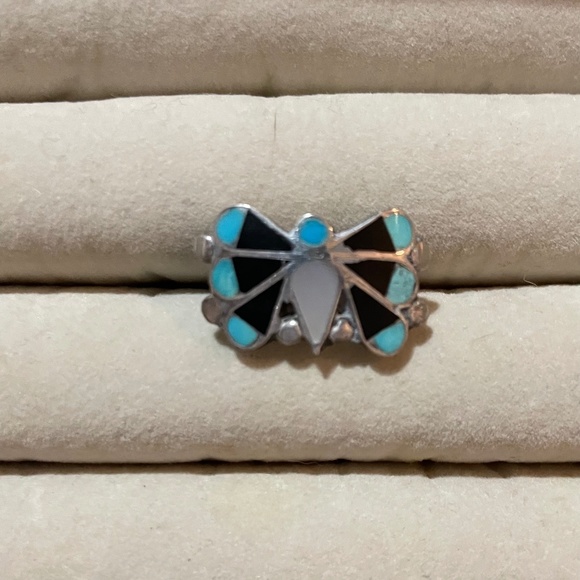 Zuni Silver and Turquoise Butterfly Ring – 7 1/2 - Picture 2 of 9